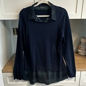 Adrianna Papell Layered Plaid Sweater Women's Large Navy Green Preppy Academia